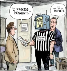 Payment platform processes transactions while IRS gets 1099-K report cartoon